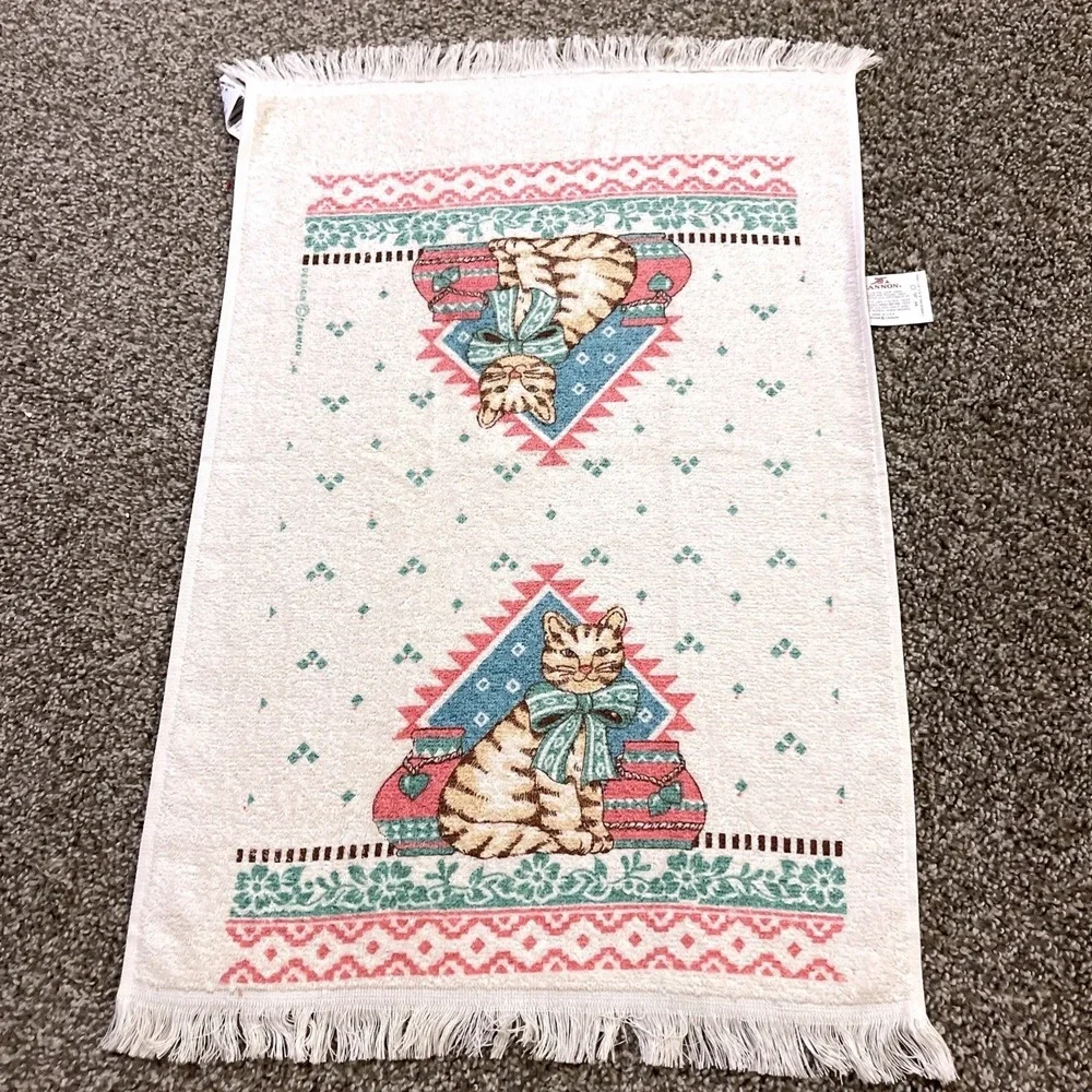 VTG CANNON‎ Hand Kitchen Towel Fringe 70s NOS Cat Heart Pottery Teal Pink Bow